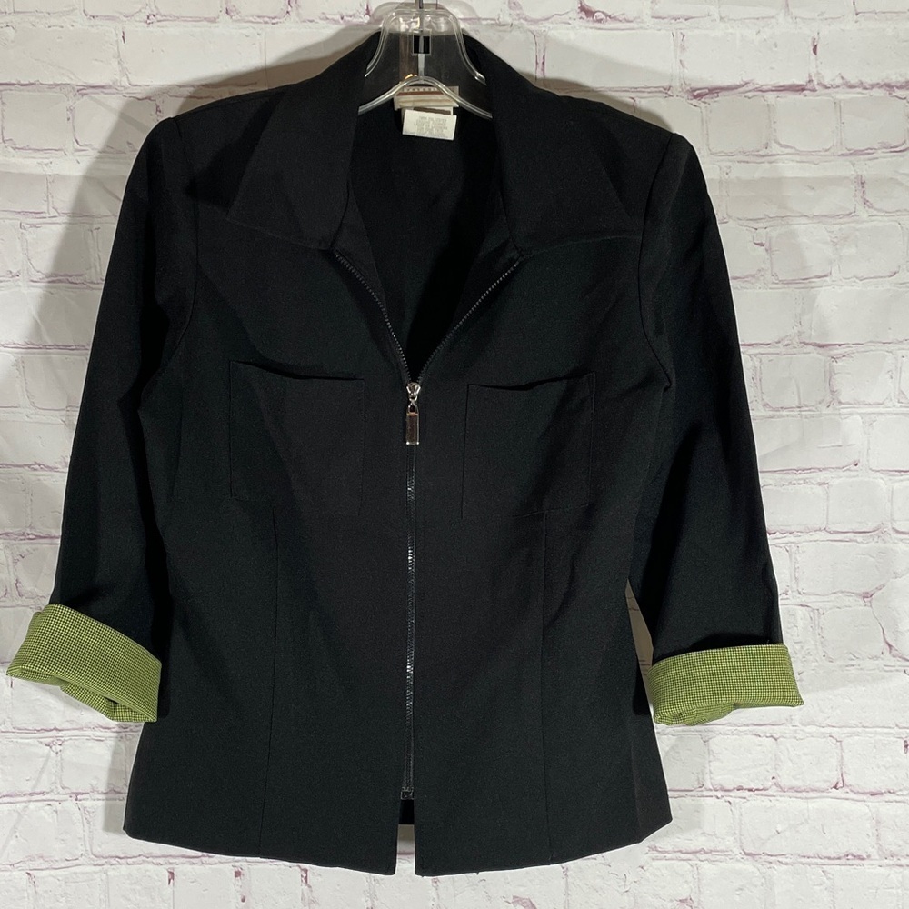 Vintage Expressions Full Zip Black Blazer with Green Houndstooth Cuffs Size 6